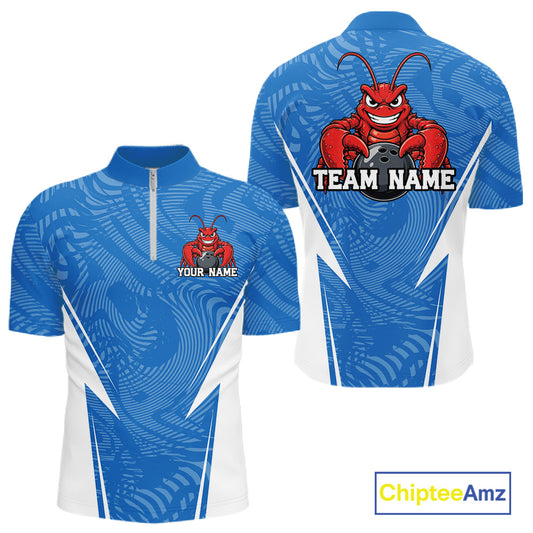 Front and back views of a blue custom quarter-zip bowling shirt featuring a funny aggressive crawfish holding a bowling ball in a sportswear-style design.