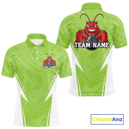 Front and back views of a light green custom men's bowling polo shirt featuring a funny aggressive crawfish holding a bowling ball in a sporty design style.