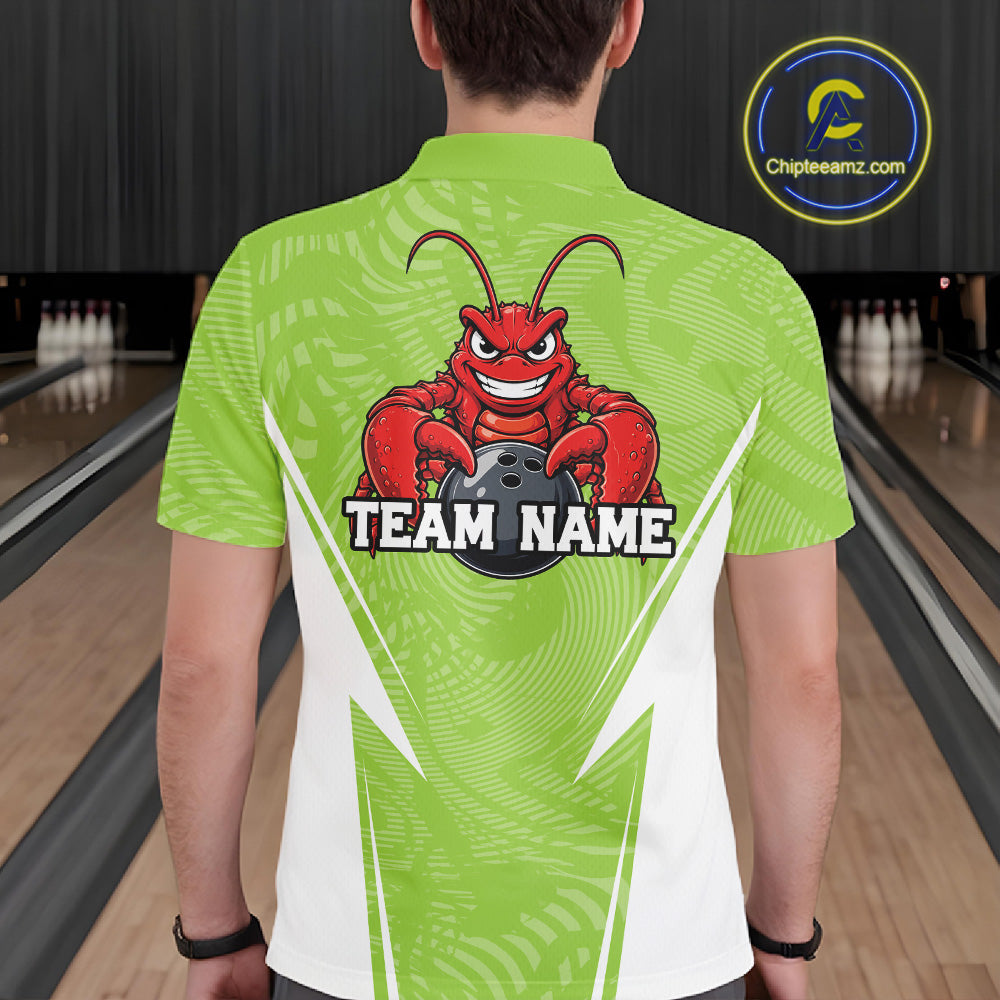 Back view of a male model in a bowling alley wearing a light green custom bowling polo shirt with a funny aggressive crawfish holding a bowling ball in a sportswear-style design.