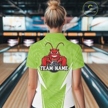 Load image into Gallery viewer, Back view of a female model in a bowling alley wearing a light green custom bowling polo shirt with a funny aggressive crawfish holding a bowling ball in a sportswear-style design.