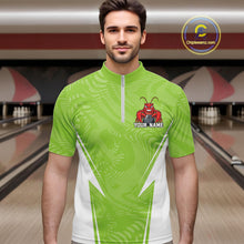 Load image into Gallery viewer, Front view of a male model in a bowling alley wearing a light green custom quarter-zip bowling shirt with a funny aggressive crawfish holding a bowling ball in a sportswear-style design.