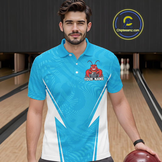 Front view of a male model in a bowling alley wearing a blue custom bowling polo shirt with a funny aggressive crawfish holding a bowling ball in a sportswear-style design.