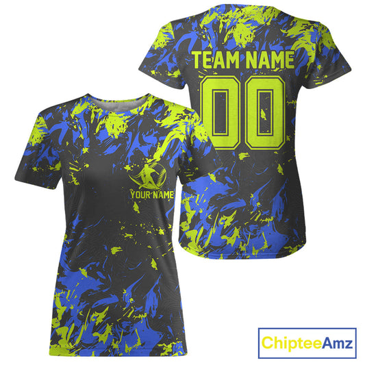 Custom Black, Green And Blue Camouflage Baseball Women T-Shirts Shirts, Baseball Team Uniform IPHW9588