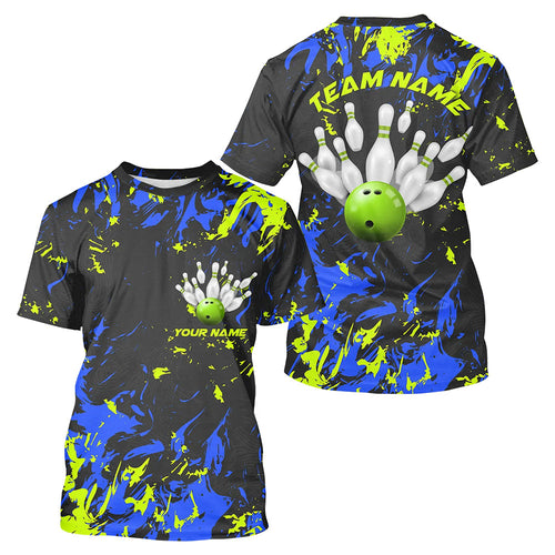 Custom Black, Blue And Green Bowling Men T-Shirts Shirts, Team Jerseys Bowling Pin And Ball IPHW5183