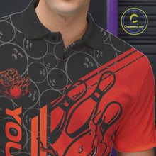 Load image into Gallery viewer, Custom Black And Red Orange Flame Bowling Polo Shirts For Men, Bowling Pattern Shirt IPHW9271