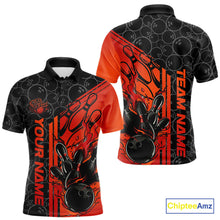Load image into Gallery viewer, Custom Black And Red Orange Flame Bowling Polo Shirts For Men, Bowling Pattern Shirt IPHW9271