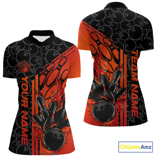 Custom Black And Red Orange Flame Bowling Women Quarter-Zip Shirt, Bowling Pattern Shirt IPHW9271