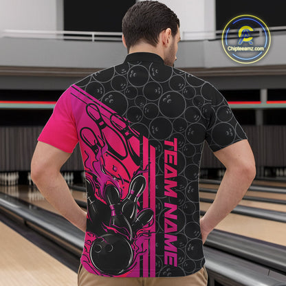 Custom Black And Pink Purple Flame Bowling Quarter-Zip Shirts For Men, Bowling Pattern Shirt IPHW9272