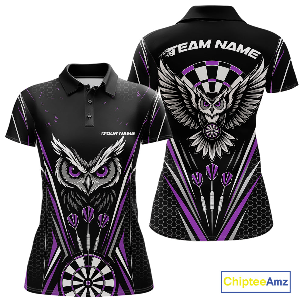 Custom Black And Purple Owl Darts Polo Shirts For Women, Darts Team Jerseys IPHW11724