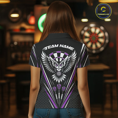 Custom Black And Purple Owl Darts Polo Shirts For Women, Darts Team Jerseys IPHW11724