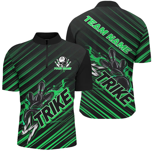 Custom Black And Green Flame Strike Bowling Shirts For Men, Bowling League Bowling Uniform IPHW7340