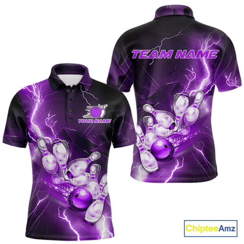 Custom Purple Thunder Lightning Bowling Polo Shirts For Men, Bowling League Shirt IPHW9793