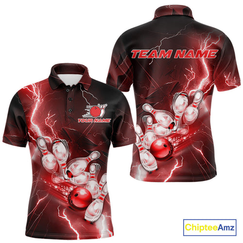 Custom Red Thunder Lightning Bowling Polo Shirts For Men, Bowling League Shirt IPHW9794