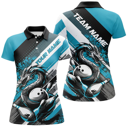 Black And Blue Custom Dragon Bowling Polo Shirts For Women, Dragon Bowling League Shirt IPHW8071