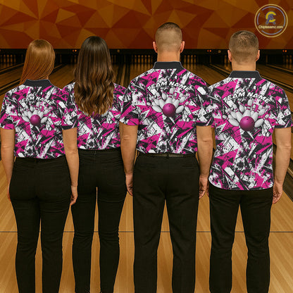 Custom Graffity Pink Camo Bowling Team Men Polo Shirts, Camouflage Bowling Jerseys IPHW10214
