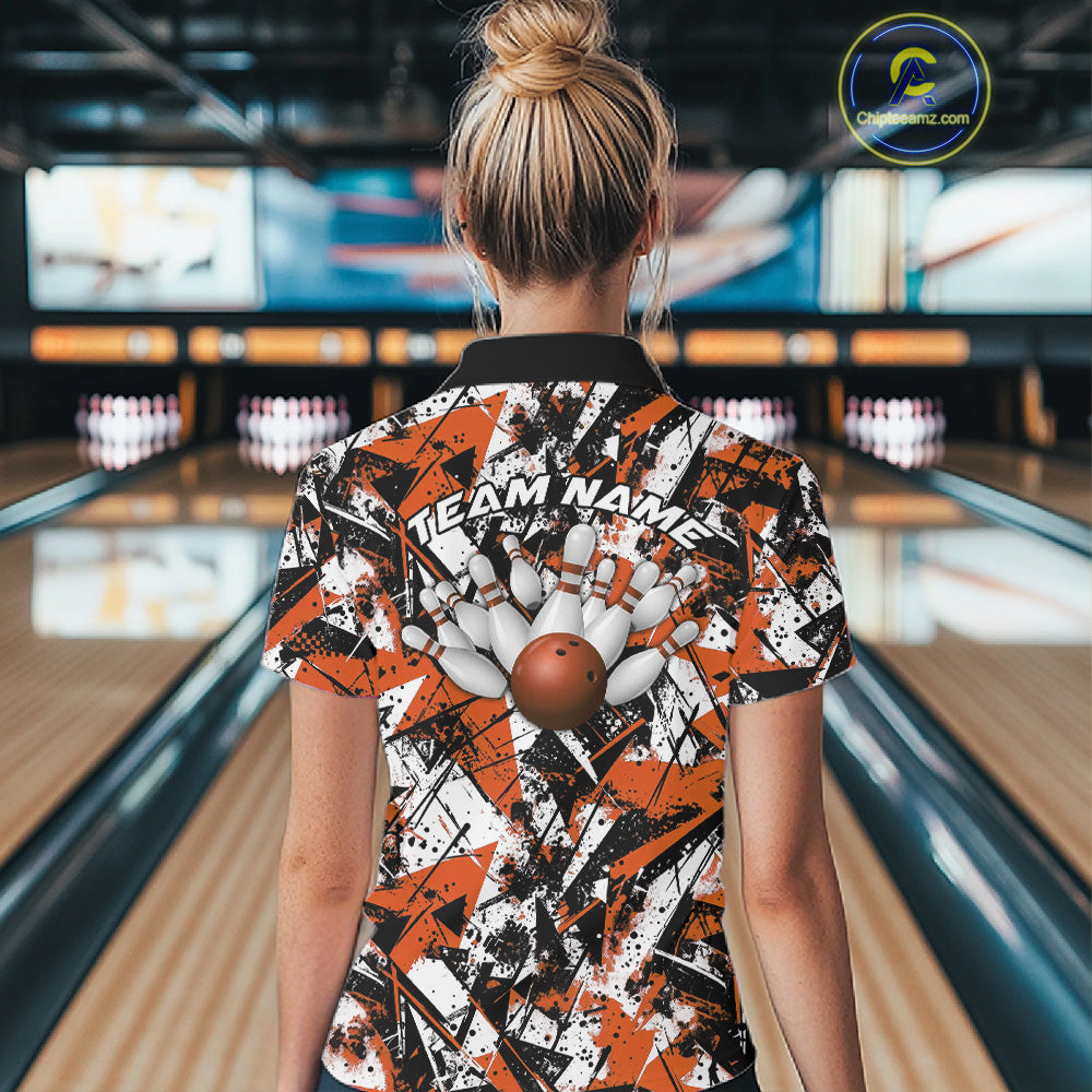 Custom Graffity Orange Camo Bowling Team Women Shirts, Camouflage Bowling Jerseys IPHW10216