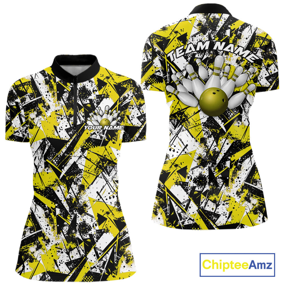 Custom Graffity Yellow Camo Bowling Team Women Shirts, Camouflage Bowling Jerseys IPHW10217