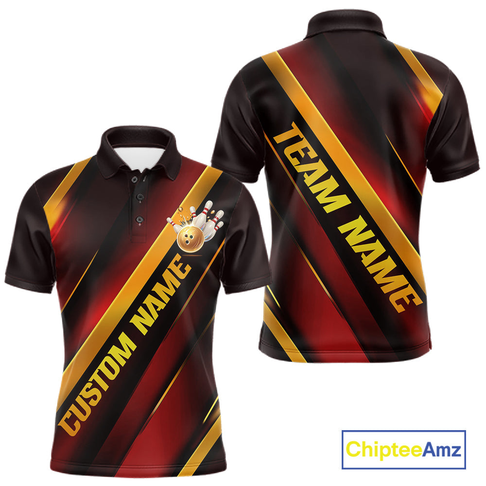 Custom Red And Gold Bowling Tournament Shirts For Men And Women With Name, Bowler Outfit IPHW10645
