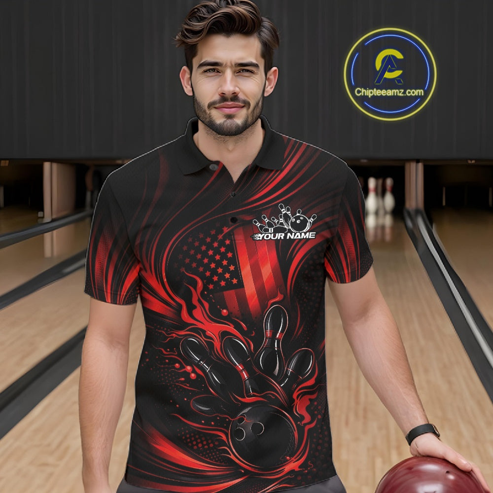 Male model wearing a black and red bowling polo shirt at a bowling lane with fiery bowling strike artwork and patriotic accents.