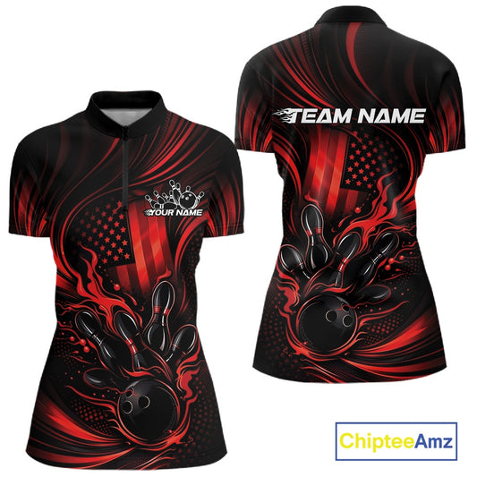 Front and back view of a black and red women’s bowling quarter-zip shirt featuring a patriotic flaming bowling ball striking pins with distressed American flag artwork.