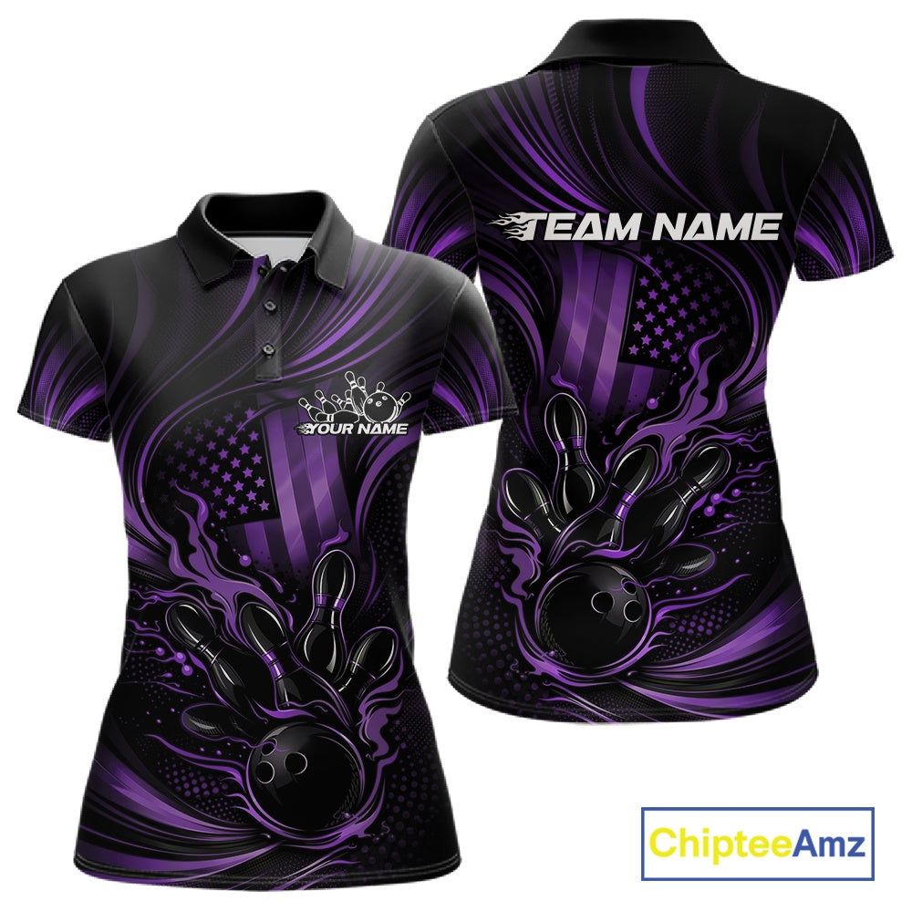 Front and back mockup of a black and purple womens bowling polo shirt featuring patriotic flames and a bowling ball knocking down pins over a distressed flag background.