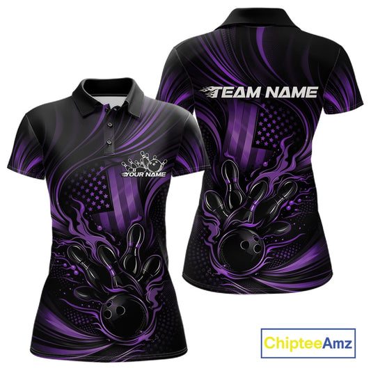 Front and back mockup of a black and purple womens bowling polo shirt featuring patriotic flames and a bowling ball knocking down pins over a distressed flag background.