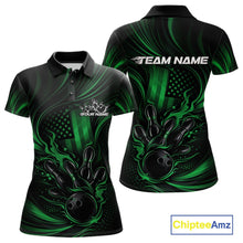 Load image into Gallery viewer, Custom Green Patrotic Flame Bowling Women Polo Shirt, US Flag Bowling Team Jersey IPHW11164