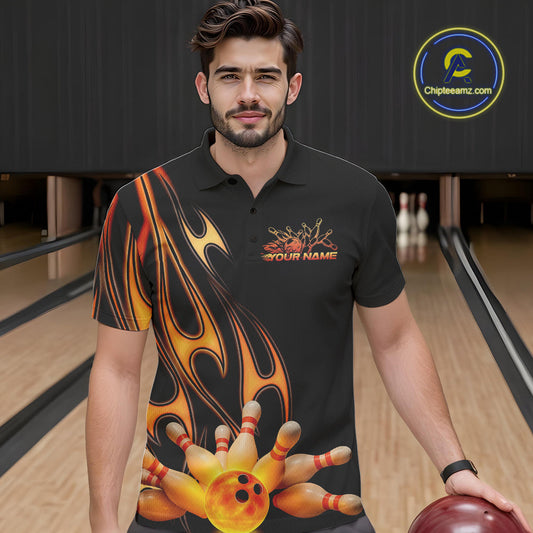 Custom Flame Bowling Team Polo Shirts For Men, Bowling Tournament Team Outfit IPHW9287