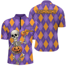 Load image into Gallery viewer, Orange And Purple Argyle Pattern Custom Funny Skull Halloween Bowling Shirts For Men IPHW7655