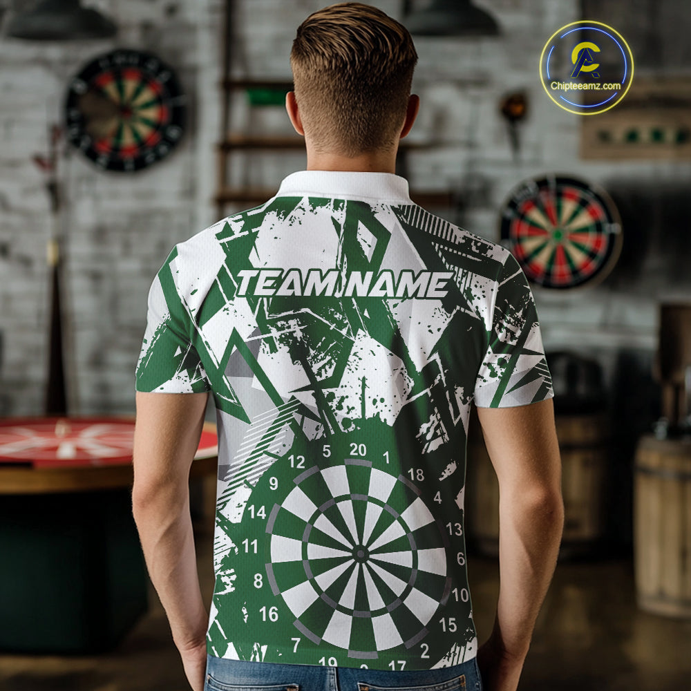 Custom Grunge Splatter Green And White Dartboard Dart Team Men Polo Shirts, Dart Jerseys IPHW9972