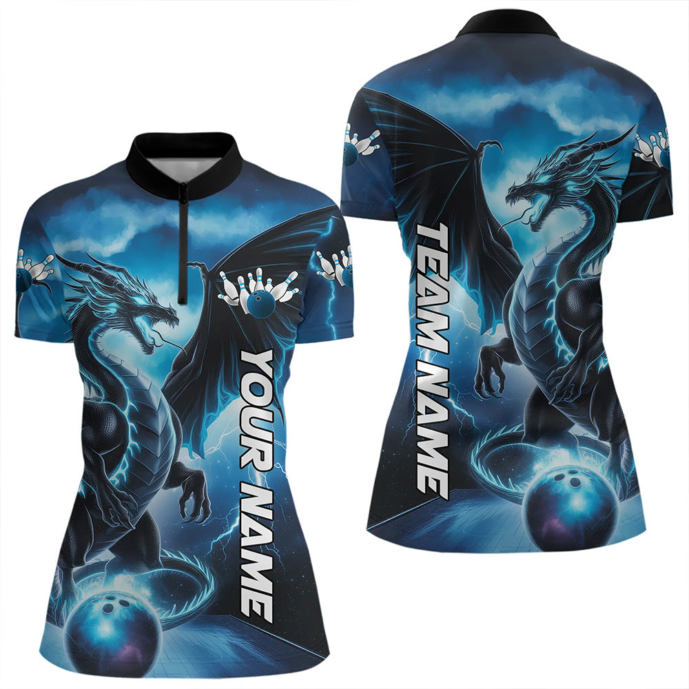 Custom Blue Thunder Lightning Dragon Bowling Quarter-Zip Shirts For Women Bowling Uniform IPHW8302