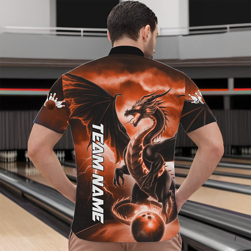 Custom Orange Thunder Lightning Dragon Bowling Quarter-Zip Shirts For Men, Dragon Bowling Uniform IPHW8304
