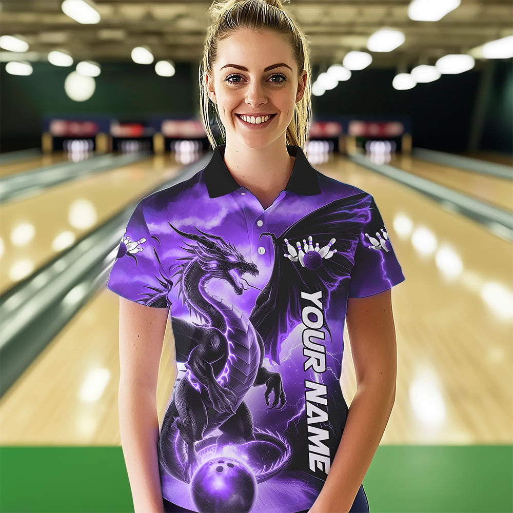 Custom Purple Thunder Lightning Dragon Bowling Polo Shirt For Women, Dragon Bowling Uniform IPHW8305