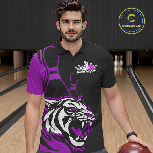 Custom Black And Purple Tiger Bowling Jerseys, Tiger Bowling Team Men Polo Shirts IPHW9017