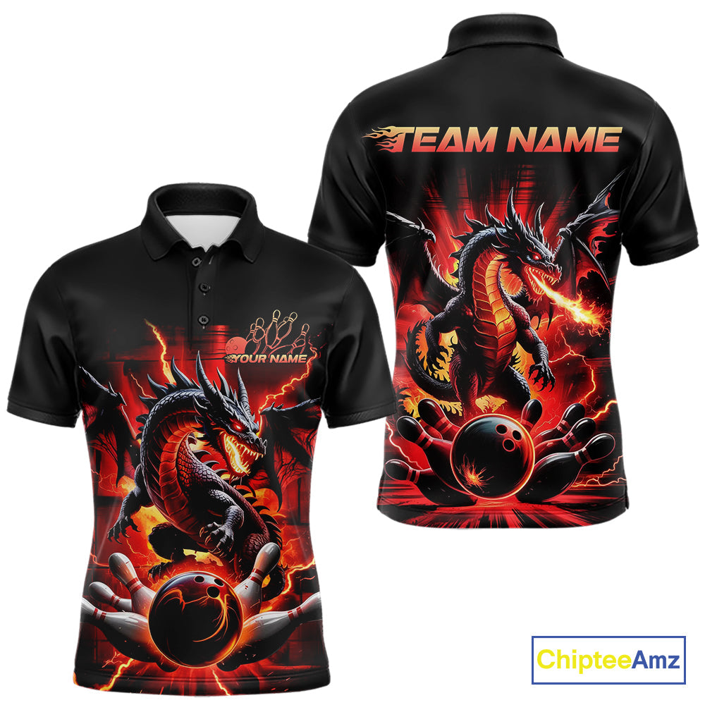 Custom Red Thunder Lightning Dragon Men Polo Shirts, Dragon Team Bowling League Shirt IPHW9024