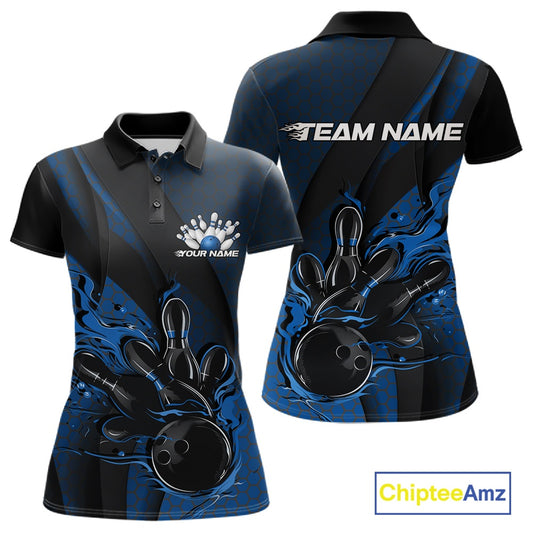 Front and back display of a black and blue women’s bowling polo shirt featuring a flaming bowling ball striking pins with hexagon graphics and diagonal stripes.