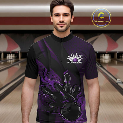 Male model wearing a black and purple bowling quarter-zip shirt at a bowling lane with fiery bowling action artwork, geometric patterns, and diagonal stripe accents.