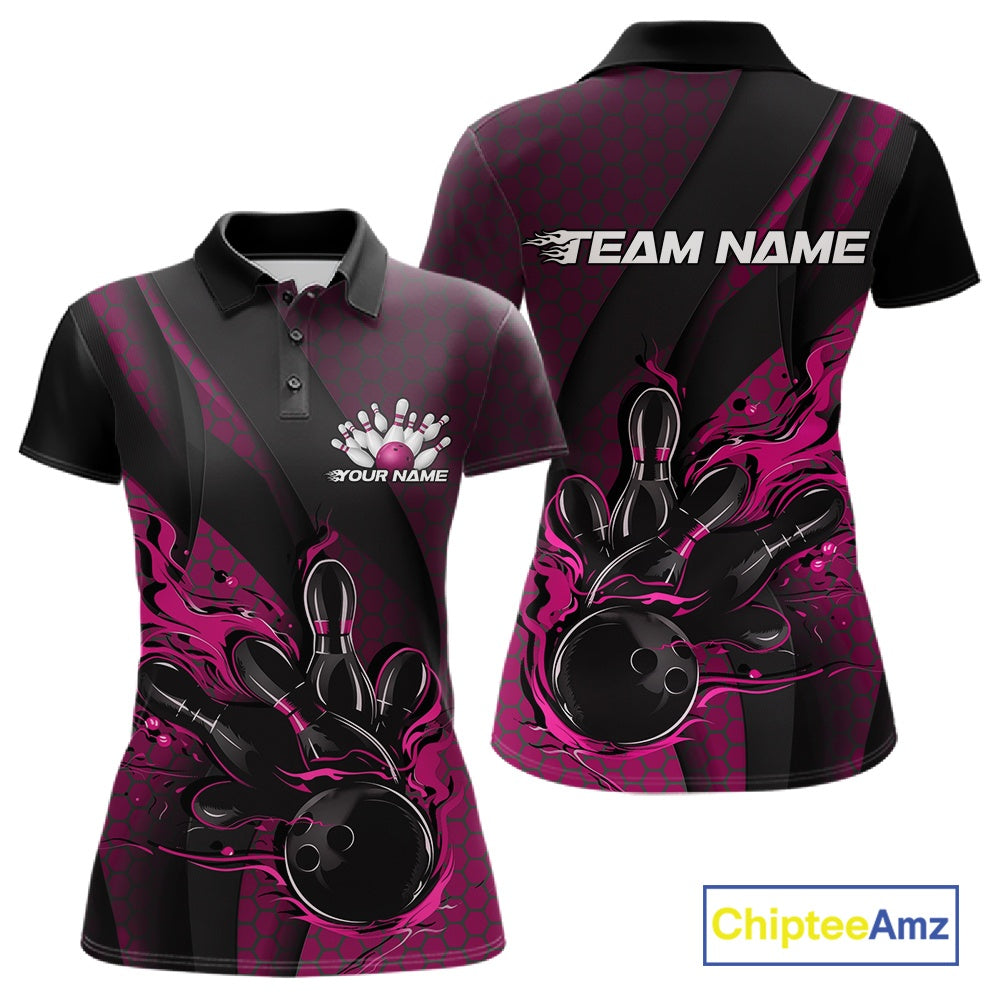 Front and back mockup of a black and pink women’s bowling polo shirt featuring a flaming bowling ball striking pins with hexagon patterns and diagonal stripes.