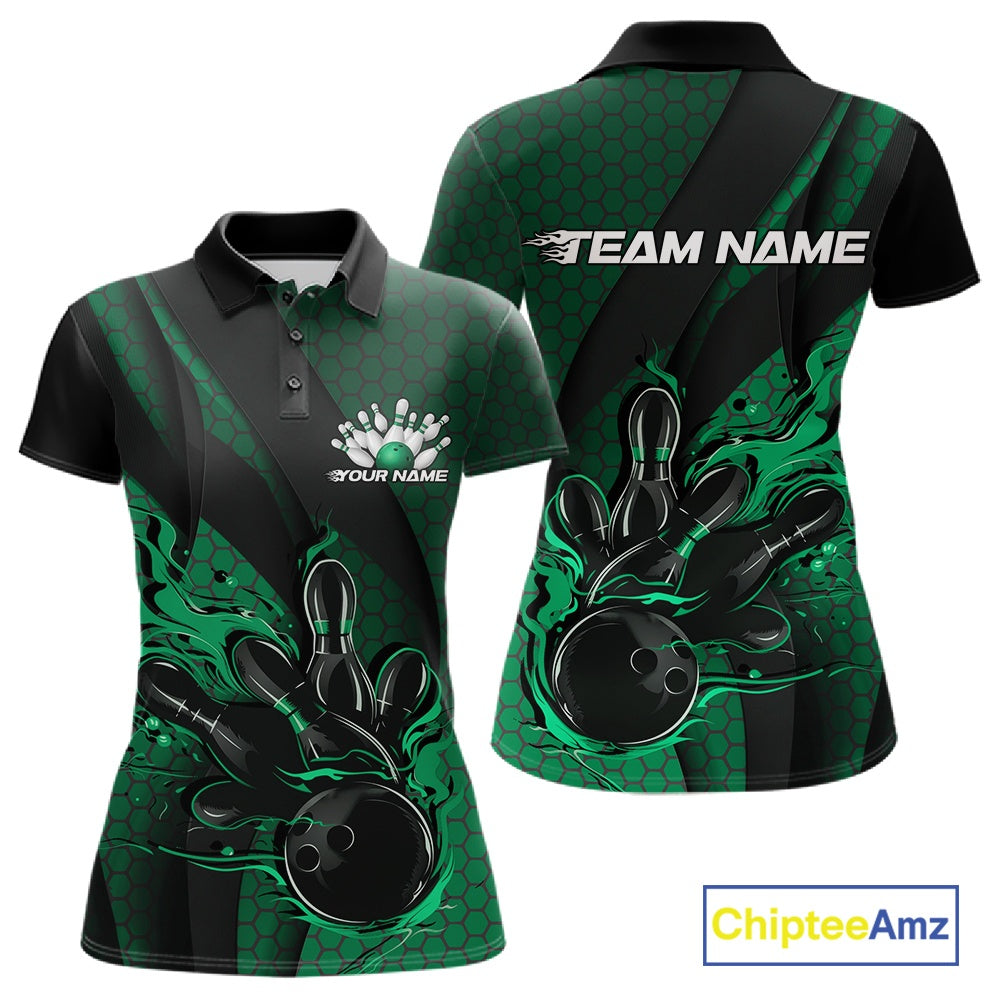 Front and back display of a black and green women’s bowling polo shirt featuring a flaming bowling ball striking pins, hexagon graphics, and diagonal stripes.