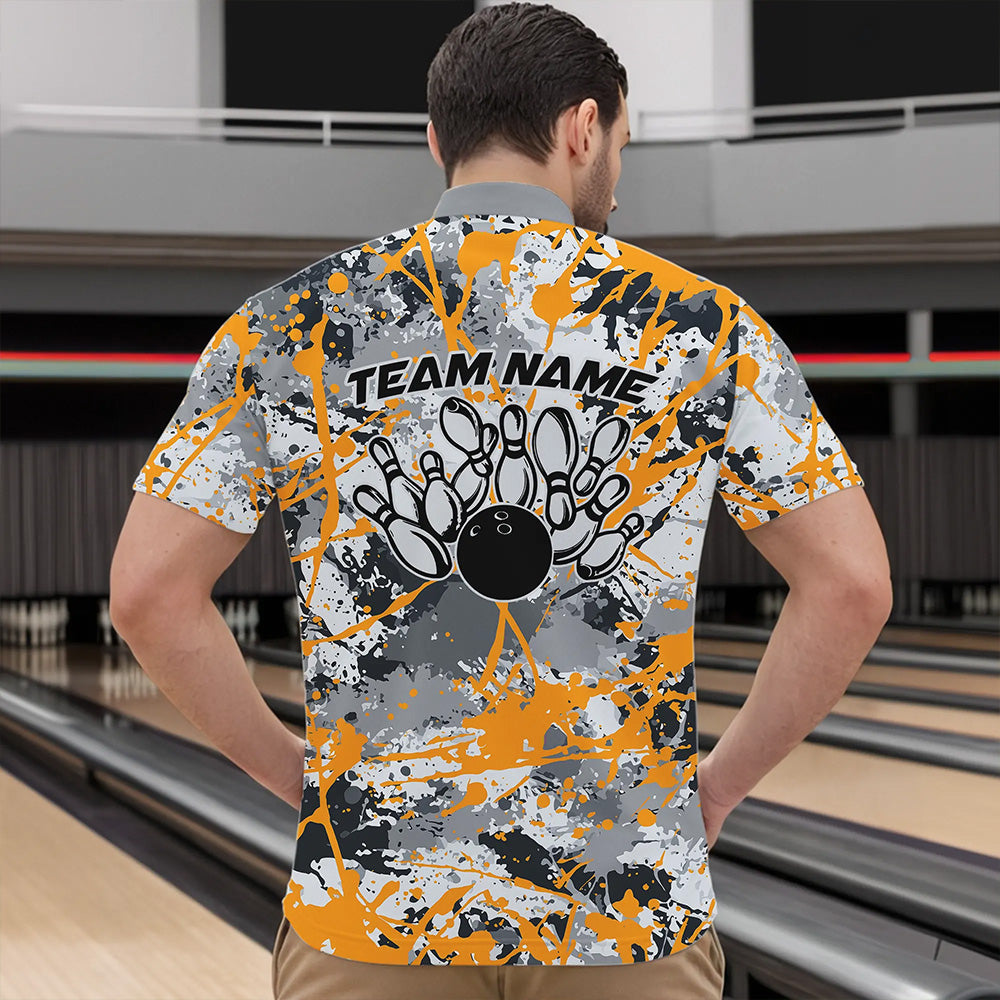 Custom Yellow Splatter Bowling Team Quarter-Zip Shirts For Men, Bowling Tournament Shirts IPHW8308