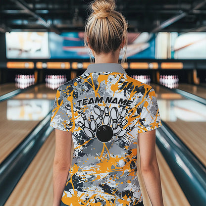 Custom Yellow Splatter Bowling Team Quarter-Zip Shirts For Women, Bowling Tournament Shirts IPHW8308