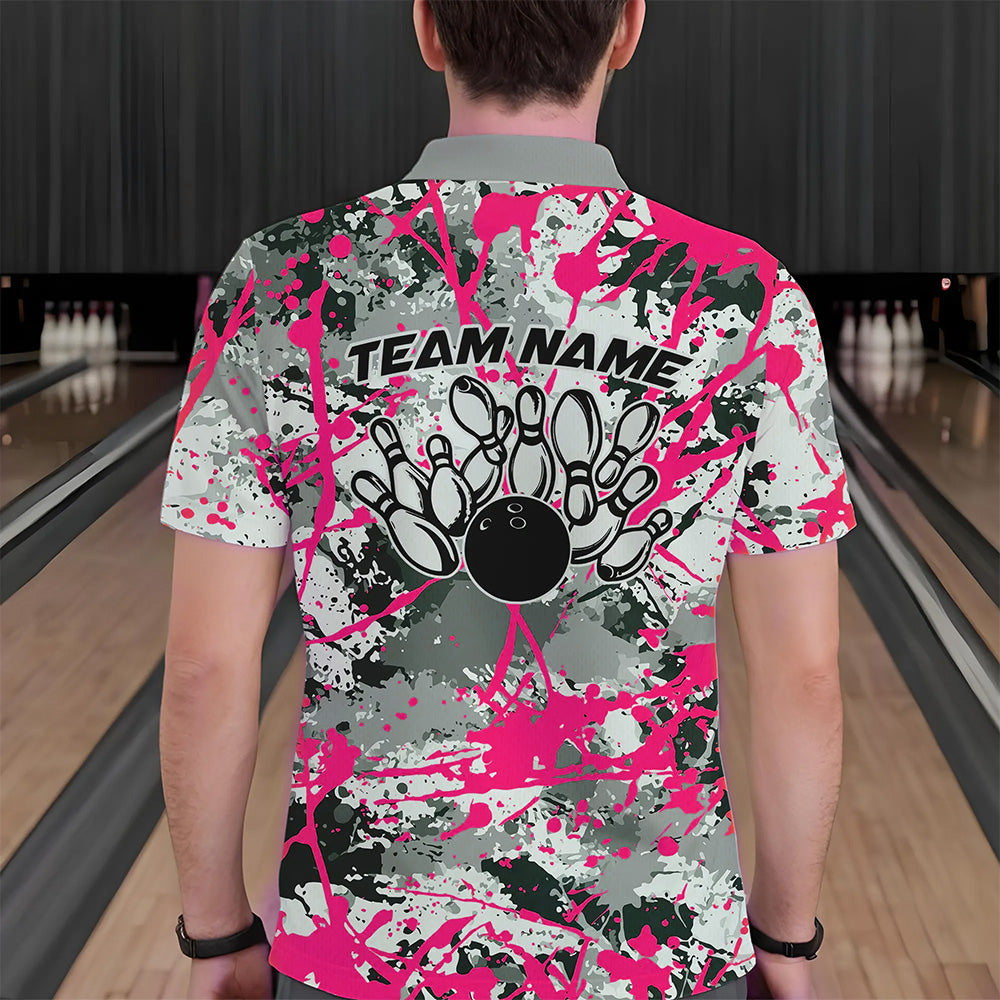 Custom Pink Splatter Bowling Team Polo Shirts For Men, Bowling Tournament Shirts IPHW8309