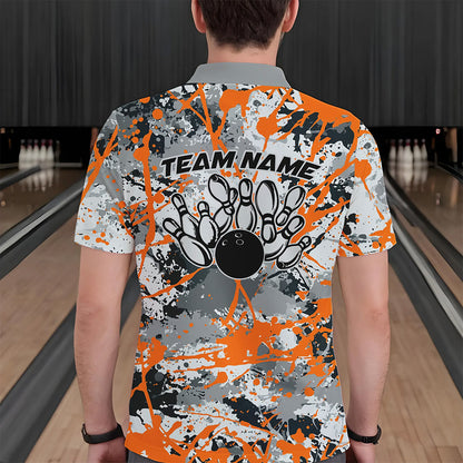 Custom Orange Splatter Bowling Team Polo Shirts For Men, Bowling Tournament Shirts IPHW8310