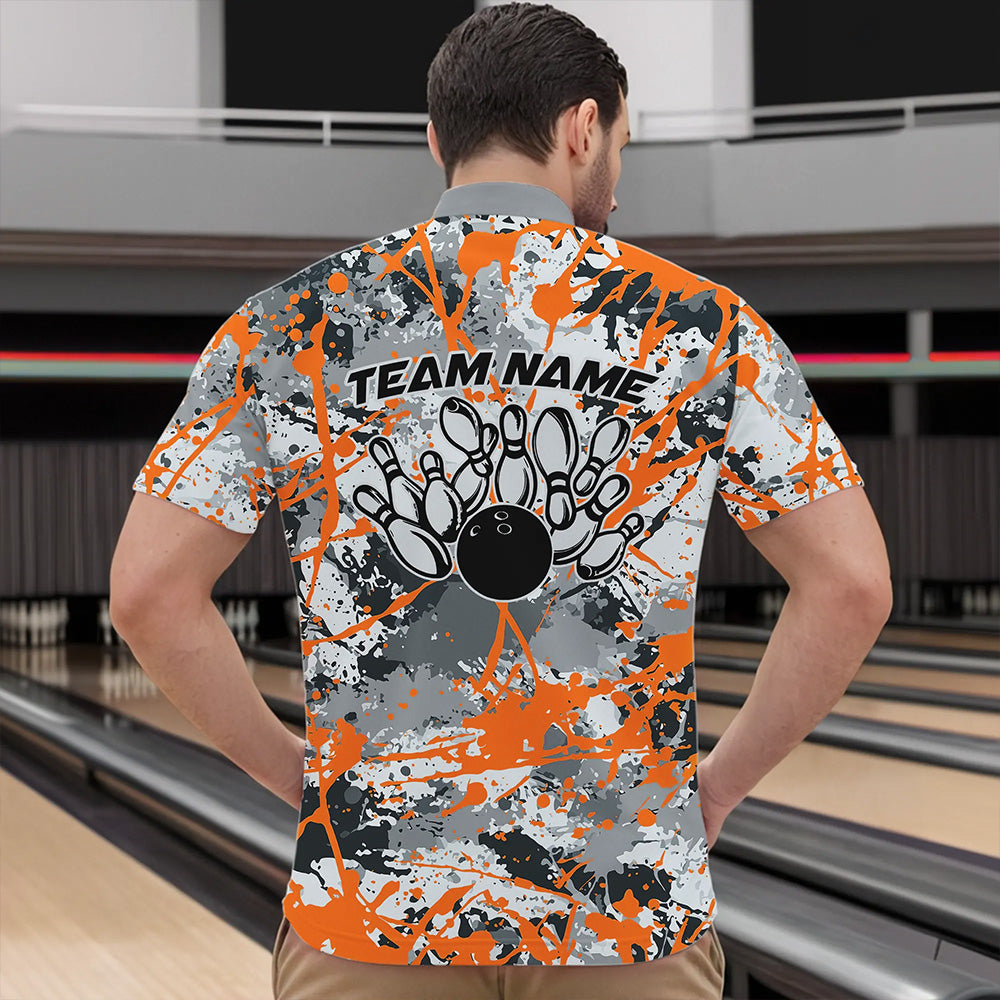 Custom Orange Splatter Bowling Team Quarter-Zip Shirts For Men, Bowling Tournament Shirts IPHW8310