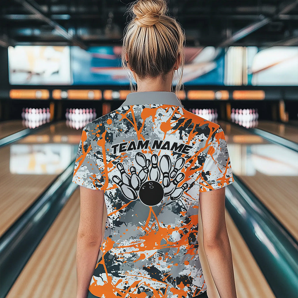 Custom Orange Splatter Bowling Team Quarter-Zip Shirts For Women, Bowling Tournament Shirts IPHW8310