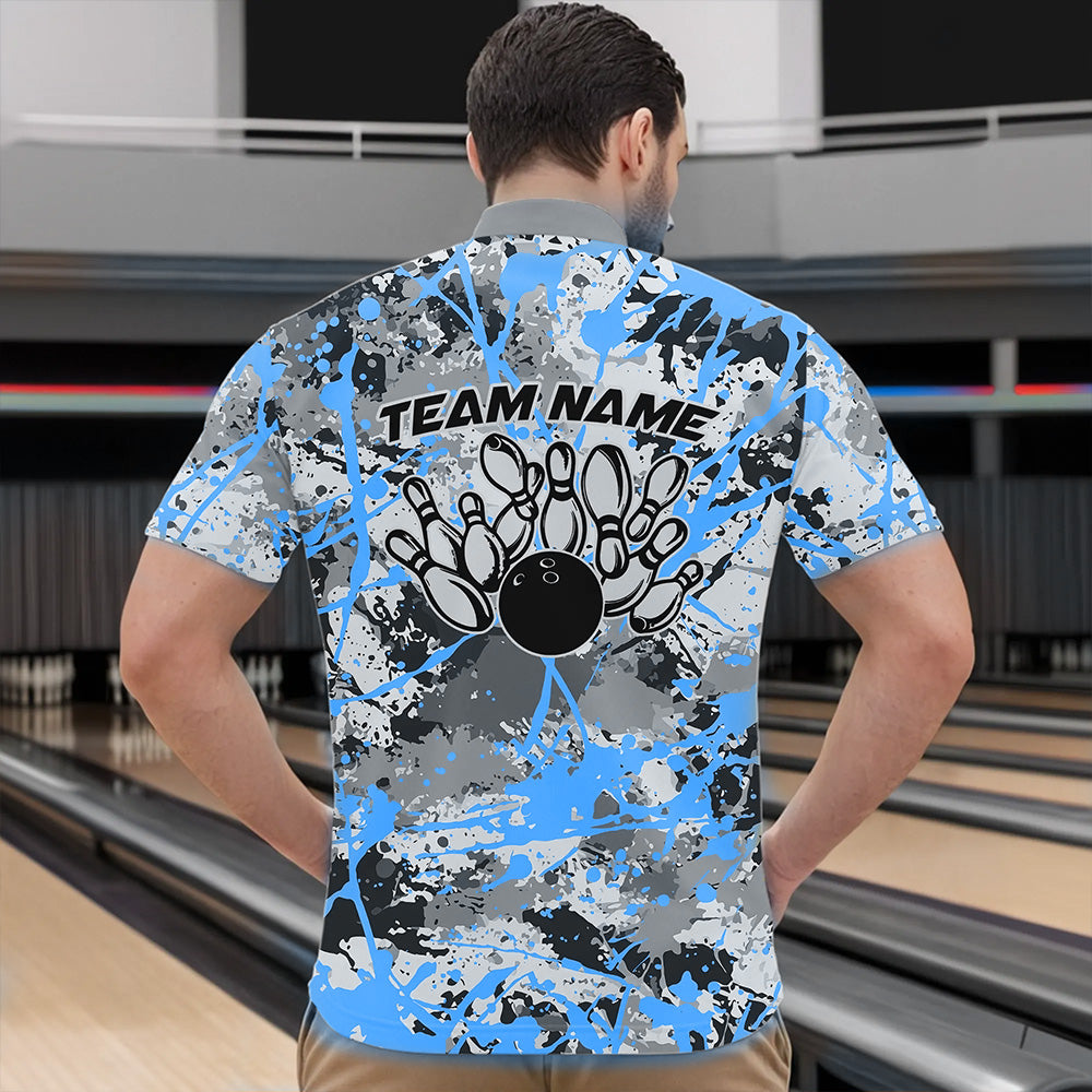 Custom Blue Splatter Bowling Team Quarter-Zip Shirts For Men, Bowling Tournament Shirts IPHW8311