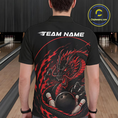 Back view of a male model in a bowling alley wearing a red custom bowling polo shirt featuring an aggressive dragon with flames in a dynamic and energetic design.