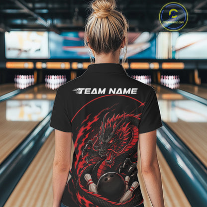 Back view of a female model in a bowling alley wearing a red custom quarter-zip bowling shirt featuring an aggressive dragon with flames in a dynamic and energetic design.