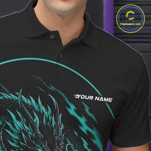 Load image into Gallery viewer, Close-up front view of the left chest area on a blue custom bowling polo shirt featuring an aggressive dragon with flames in a dynamic and energetic design.
