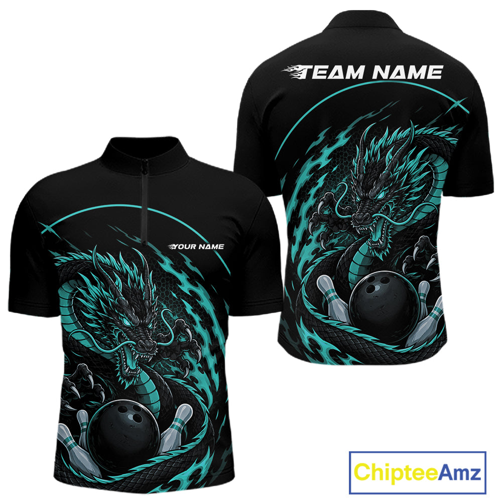 Front and back views of a blue custom quarter-zip bowling shirt featuring an aggressive dragon with flames in a dynamic and energetic design.